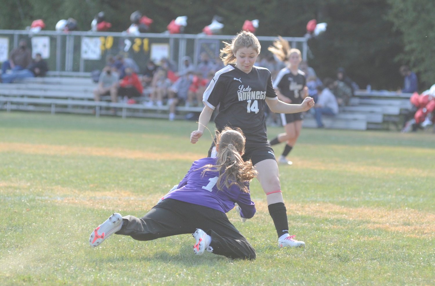 A diving save. Scranton’s keeper Lanee Olson makes a diving save of a shot on goal by Honesdale’s Anna Coar late in the match.